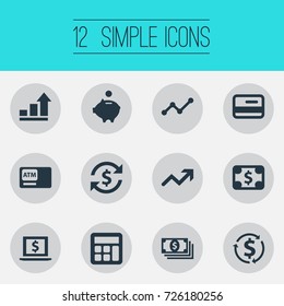 Vector Illustration Set Of Simple Currency Icons. Elements Atm, Moneybox, Accounting And Other Synonyms Bucks, Recycle And Success.