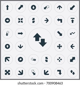 Vector Illustration Set Of Simple Cursor Icons. Elements Upward Direction, Downwards Pointing, Upward Direction And Other Synonyms Four Directions Arrows, Right And Downwards.