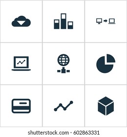 Vector Illustration Set Of Simple Data Icons. Elements Circular Diagram, Storage, Hexagon And Other Synonyms Storage, Report And Money.