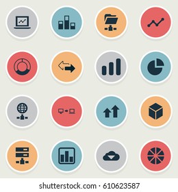 Vector Illustration Set Of Simple Data Icons. Elements Internet Server, Pie Chart, Hosting And Other Synonyms Statistics, Hosting And Wireless.