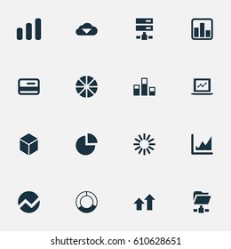 Vector Illustration Set Of Simple Data Icons. Elements Pie Chart, Increase Graph, Hosting And Other Synonyms Progress, Radial And Analytics.