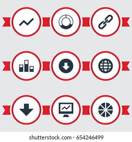 Vector Illustration Set Of Simple Data Icons. Elements Earth, Cycle Chart, Chain And Other Synonyms Globe, Statistics And Data.