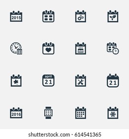 Vector Illustration Set Of Simple Date Icons. Elements Deadline, 2016 Calendar, Intelligent Hour And Other Synonyms Time, Spring And Reminder.
