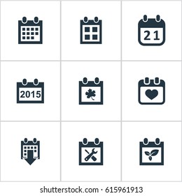 Vector Illustration Set Of Simple Date Icons. Elements History, Reminder, Agenda And Other Synonyms Day, Heart And Agenda.