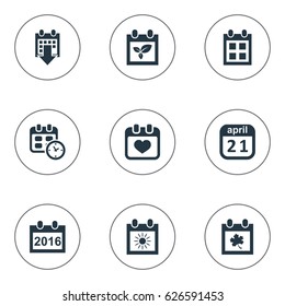 Vector Illustration Set Of Simple Date Icons. Elements Reminder, Leaf, Remembrance And Other Synonyms Sun, Day And Almanac.