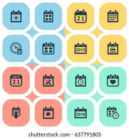 Vector Illustration Set Of Simple Date Icons. Elements Reminder, History, 2016 Calendar And Other Synonyms Calendar, History And Birthday.