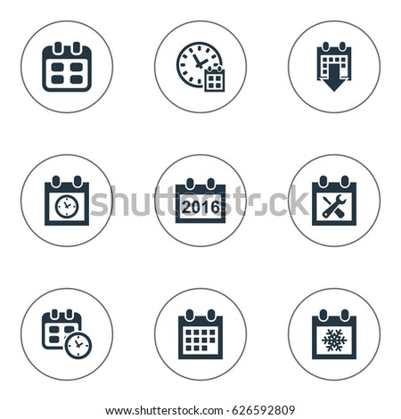 Vector Illustration Set Of Simple Date Icons. Elements Snowflake, 2016 Calendar, Event And Other Synonyms Agenda, Time And Block.