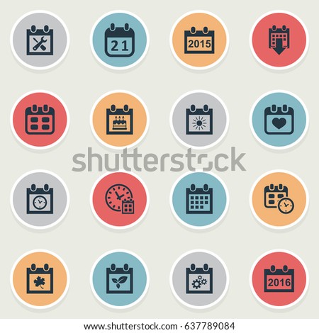 Vector Illustration Set Of Simple Date Icons. Elements Renovation Tools, Deadline, Summer Calendar And Other Synonyms Clock, Wheel And Agenda.