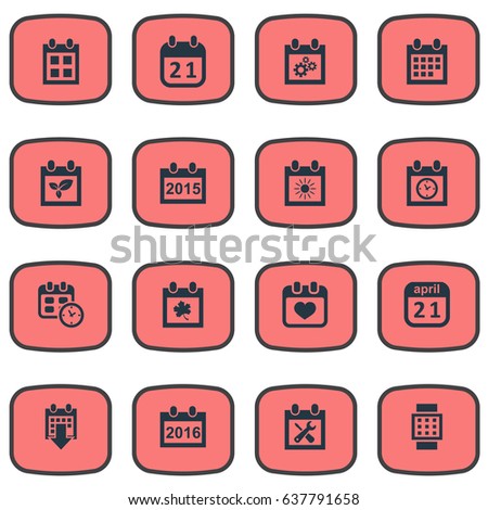 Vector Illustration Set Of Simple Date Icons. Elements Reminder, Summer Calendar, Agenda And Other Synonyms Agenda, Plant And Planner.