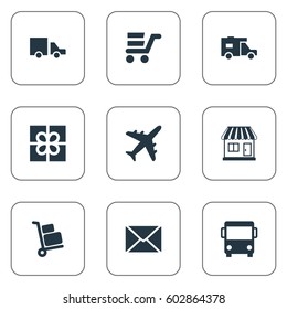Vector Illustration Set Of Simple Delivery Icons. Elements Airline, Envelope, Van And Other Synonyms Airline, Shopping And Trailer.