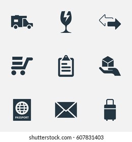 Vector Illustration Set Of Simple Delivery Icons. Elements Hand , Packaging, Clipboard Synonyms Transportation, Trailer And Shipping.