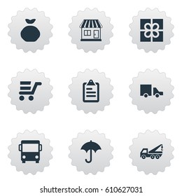 Vector Illustration Set Of Simple Delivery Icons. Elements Autobus, Gingham, Gift And Other Synonyms List, Van And Umbrella.