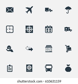 Vector Illustration Set Of Simple Delivery Icons. Elements Holdall, Envelope, Gingham And Other Synonyms Message, Passport And Time.