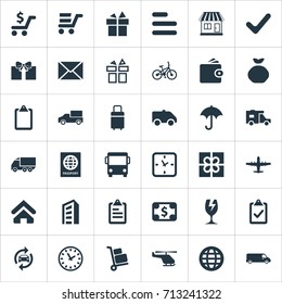 Vector Illustration Set Of Simple Delivery Icons. Elements Air Delivery, Lorry, Velocipede And Other Synonyms Check, Trolley And Trailer.