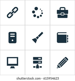 Vector Illustration Set Of Simple Design Icons. Elements System Unit, Briefcase, Display And Other Synonyms Layout, Handbag And Appliance.