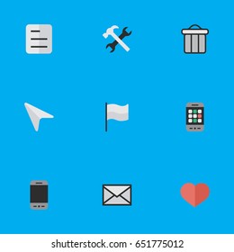 Vector Illustration Set Of Simple Design Icons. Elements Tools, Trashcan, Smartphone And Other Synonyms File, Phone And Inbox.