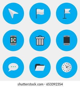 Vector Illustration Set Of Simple Design Icons. Elements Pointer, Trashcan, Banner And Other Synonyms Time, Flag And Junk.