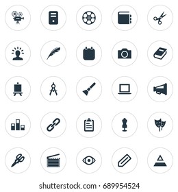 Vector Illustration Set Of Simple Design Icons. Elements Camcorder, Drama Masks, Hierarchy And Other Synonyms Calendar, Tailoring And Clipboard.