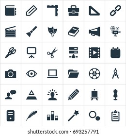 Vector Illustration Set Of Simple Design Icons. Elements Pen, Bullhorn, System Unit And Other Synonyms Camera, Photography And Chart.