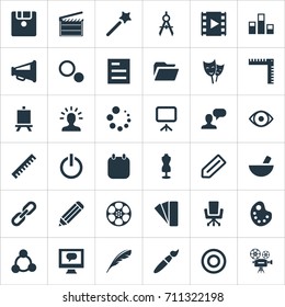 Vector Illustration Set Of Simple Design Icons. Elements Assessment, Bullhorn, Paintbrush And Other Synonyms Slideshow, Action And Wand.