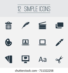 Vector Illustration Set Of Simple Design Icons. Elements Garbage Container, Artist, Laptop And Other Synonyms Desktop, Container And Trim.