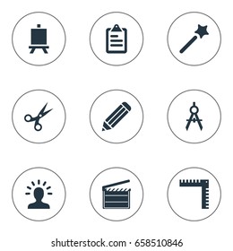 Vector Illustration Set Of Simple Designicons Icons. Elements Circle Compass, Action, Schedule And Other Synonyms Cut, Scissors And Ruler.