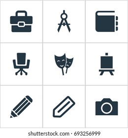 Vector Illustration Set Of Simple Designicons Icons. Elements List, Circle Compass, Briefcase And Other Synonyms Pen, Camera And Compass.
