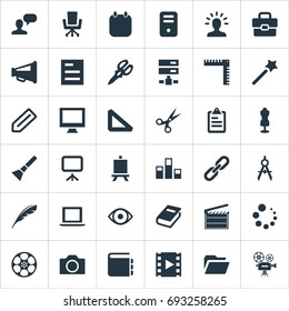 Vector Illustration Set Of Simple Designicons Icons. Elements Colums Graph, Wizard Stick, Cinematography And Other Synonyms Dummy, Digital And Server.