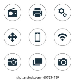 Vector Illustration Set Of Simple Device Icons. Elements Wireless Connection, Tuner, Smartphone And Other Synonyms Branch, Radio And Photocopier.