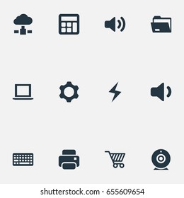 Vector Illustration Set Of Simple Device Icons. Elements Battery, Cogwheel, Keypad And Other Synonyms Charge, Dossier And Web.