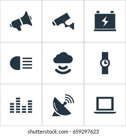 Vector Illustration Set Of Simple Device Icons. Elements Cloud Signal, Loudspeaker, Music Equalizer And Other Synonyms Bullhorn, Surveillance And Computer.