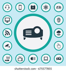 Vector Illustration Set Of Simple Device Icons. Elements Presentation, Modem, Wireless Connection And Other Synonyms Security, Wireless And Signal.