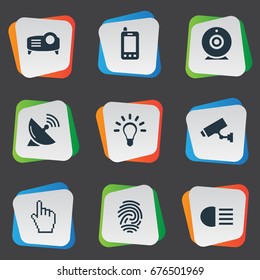 Vector Illustration Set Of Simple Device Icons. Elements Dipped Light, Satellite Antenna, Presentation And Other Synonyms Surveillance, Signal And Broadcast.