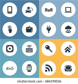 Vector Illustration Set Of Simple Device Icons. Elements Smartphone, Eco Transportation, Oven And Other Synonyms Oven, Keypad And Glasses.