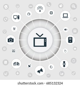 Vector Illustration Set Of Simple Device Icons. Elements Photography, Portable Computer, Satellite Antenna And Other Synonyms Photo, PC And Button.