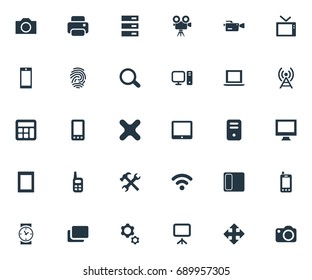 Vector Illustration Set Of Simple Device Icons. Elements Projector, Clock, Contact And Other Synonyms Touchscreen, Server And Option.