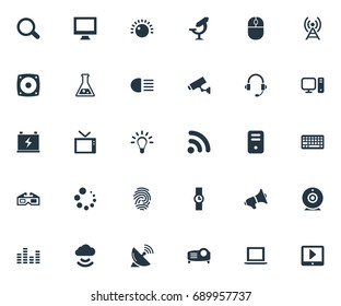 Vector Illustration Set Of Simple Device Icons. Elements System Unit, Broadcast, Bulb And Other Synonyms Processor, Mouse And Dipped.