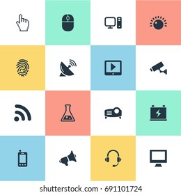 Vector Illustration Set Of Simple Device Icons. Elements PC, Satellite Antenna, Finger And Other Synonyms Display, Finger And Control.
