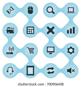 Vector Illustration Set Of Simple Device Icons. Elements Cogwheel, Silence, Hourglass And Other Synonyms Cursor, Laptop And Communication.