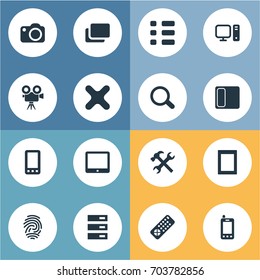 Vector Illustration Set Of Simple Device Icons. Elements Fingerprint, Layout, Settings And Other Synonyms Document, Mobile And Computer.