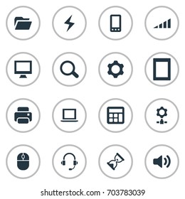 Vector Illustration Set Of Simple Device Icons. Elements Hourglass, Battery, Telephone And Other Synonyms Sound, Compute And Computer.
