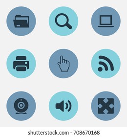 Vector Illustration Set Of Simple Device Icons. Elements Wave, Pointer, Magnifier And Other Synonyms Enlarge, Click And Folder.