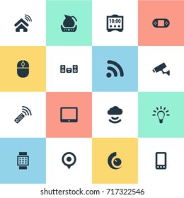 Vector Illustration Set Of Simple Device Icons. Elements Surveillance, Multimedia Center, Storage Acceess And Other Synonyms Internet, Wifi And Phone.