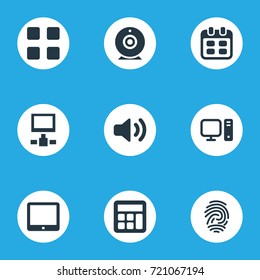 Vector Illustration Set Of Simple Device Icons. Elements Adding Device, Sound, Cube And Other Synonyms Webcam, Adding And Desktop.