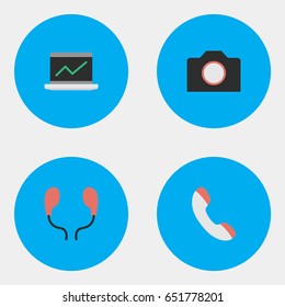 Vector Illustration Set Of Simple Devices Icons. Elements Telephone, Photo Apparatus, Earphone And Other Synonyms Apparatus, Handset And Earphone.