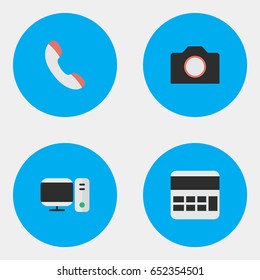 Vector Illustration Set Of Simple Devices Icons. Elements Photo Apparatus, Accounting, Telephone And Other Synonyms Computer, Calculator And Photo.