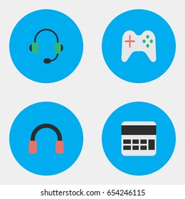 Vector Illustration Set Of Simple Devices Icons. Elements Accounting, Microphone, Headphone And Other Synonyms Joystick, Earphone And Microphone.