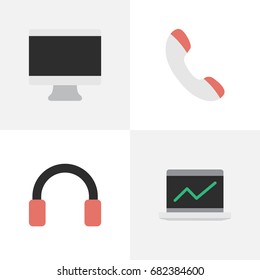Vector Illustration Set Of Simple Devices Icons. Elements Screen, Notebook, Headphone And Other Synonyms Statistics, Screen And Laptop.