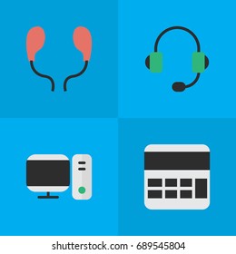 Vector Illustration Set Of Simple Devices Icons. Elements Microphone, Earphone, PC And Other Synonyms Earphone, Calculate And Accounting.