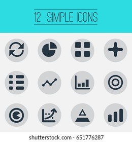 Vector Illustration Set Of Simple Diagram Icons. Elements Menu, Dartboard, Cube And Other Synonyms Selectivity, Pie And Add.